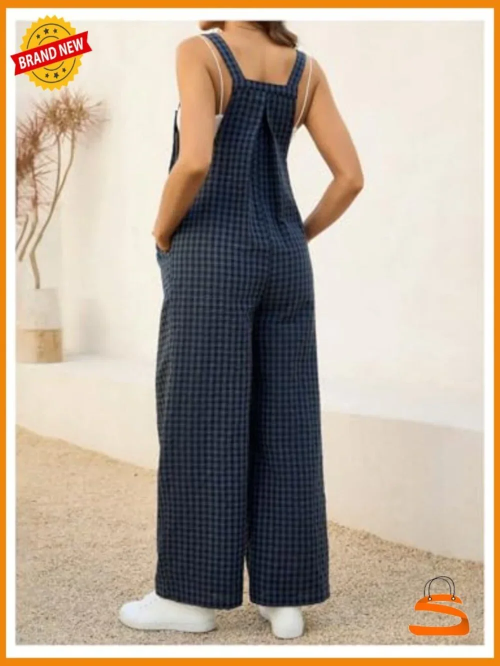 Maternity Gingham Overalls Wide Leg Sleeveless Plaid Print Button Closure